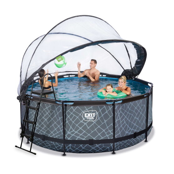 Piscina EXIT Stone ø360x122cm con pompa filtro a sabbia e copertura - grigio