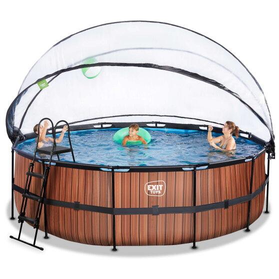 Piscina EXIT Wood ø450x122cm con pompa filtro a sabbia e copertura e pompa di calore - marrone