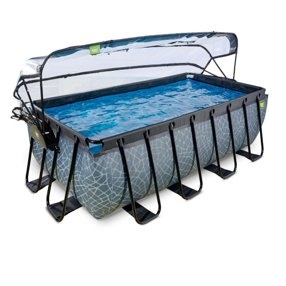 Piscina EXIT Stone 400x200x122cm con pompa filtro a sabbia e copertura e pompa di calore - grigia