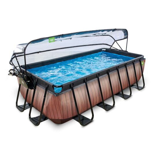 Piscina EXIT Wood 400x200x100cm con pompa filtro a sabbia e copertura e pompa di calore - marrone
