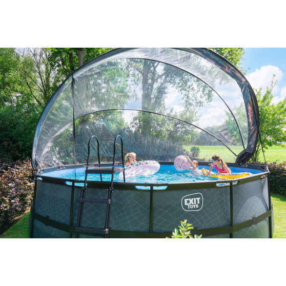 Piscina EXIT Stone ø488x122cm con pompa filtro a sabbia e copertura e pompa di calore - grigia