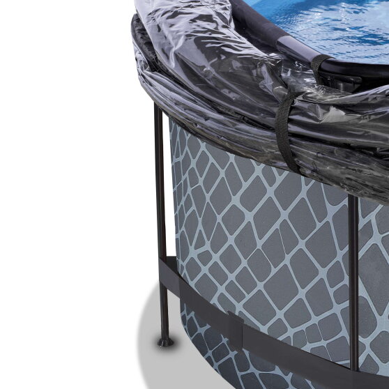 Piscina EXIT Stone ø360x122cm con pompa filtro a sabbia e copertura e pompa di calore - grigio