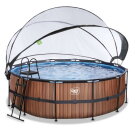 Piscina EXIT Wood ø427x122cm con pompa filtro a sabbia e copertura e pompa di calore - marrone